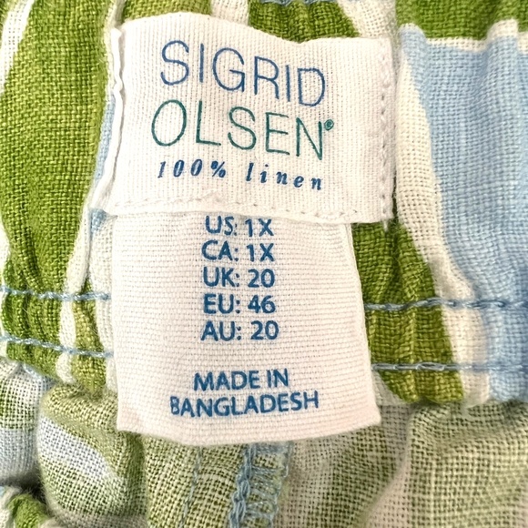 Sigrid Olsen 100% Linen Pants 1X Wide Leg Green & Blue Tropical Leaves Lounge - Picture 6 of 8